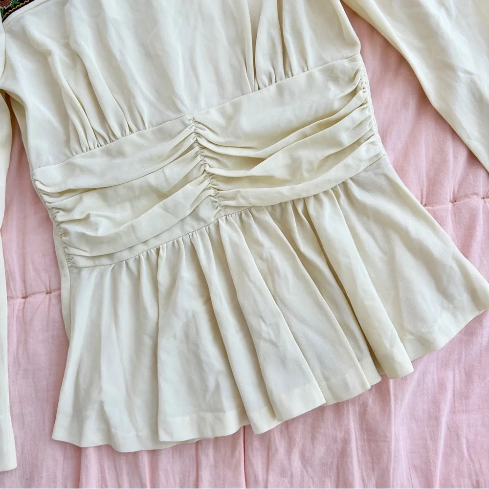 70s Vtg Handmade Embroidered Square Neck Boho Peasant Top Small Womens